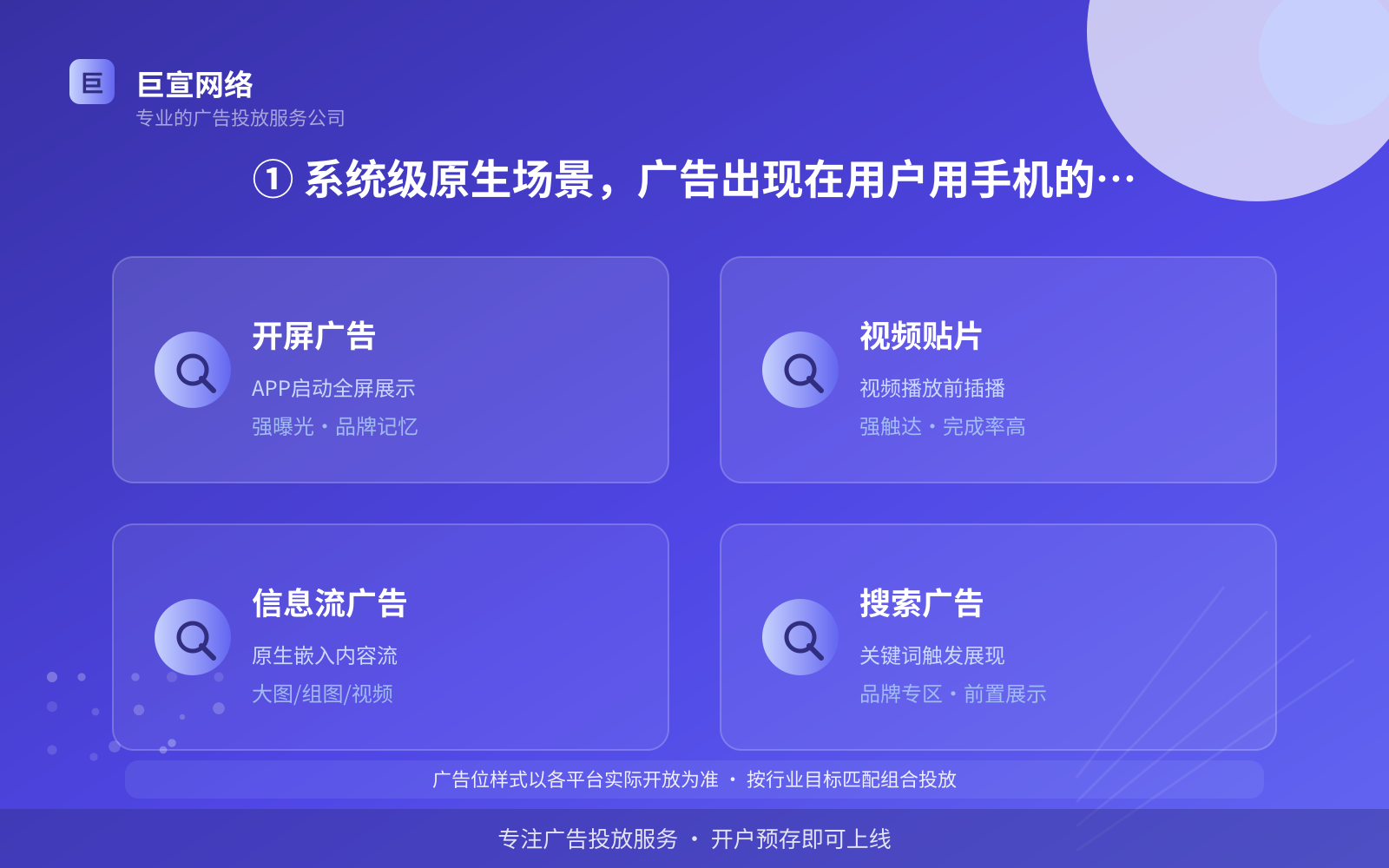 ① 系统级原生场景,广告出现在用户用手机的过程中(费用与预算参考) ① 系统级原生场景,广告出现在用户用手机的过程中(费用与预算参考)
